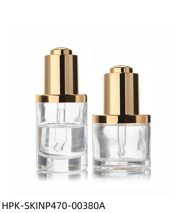 Thick Base Metalized Glass Bottle with Metalized Push-button Pipette Cap and Shoulder